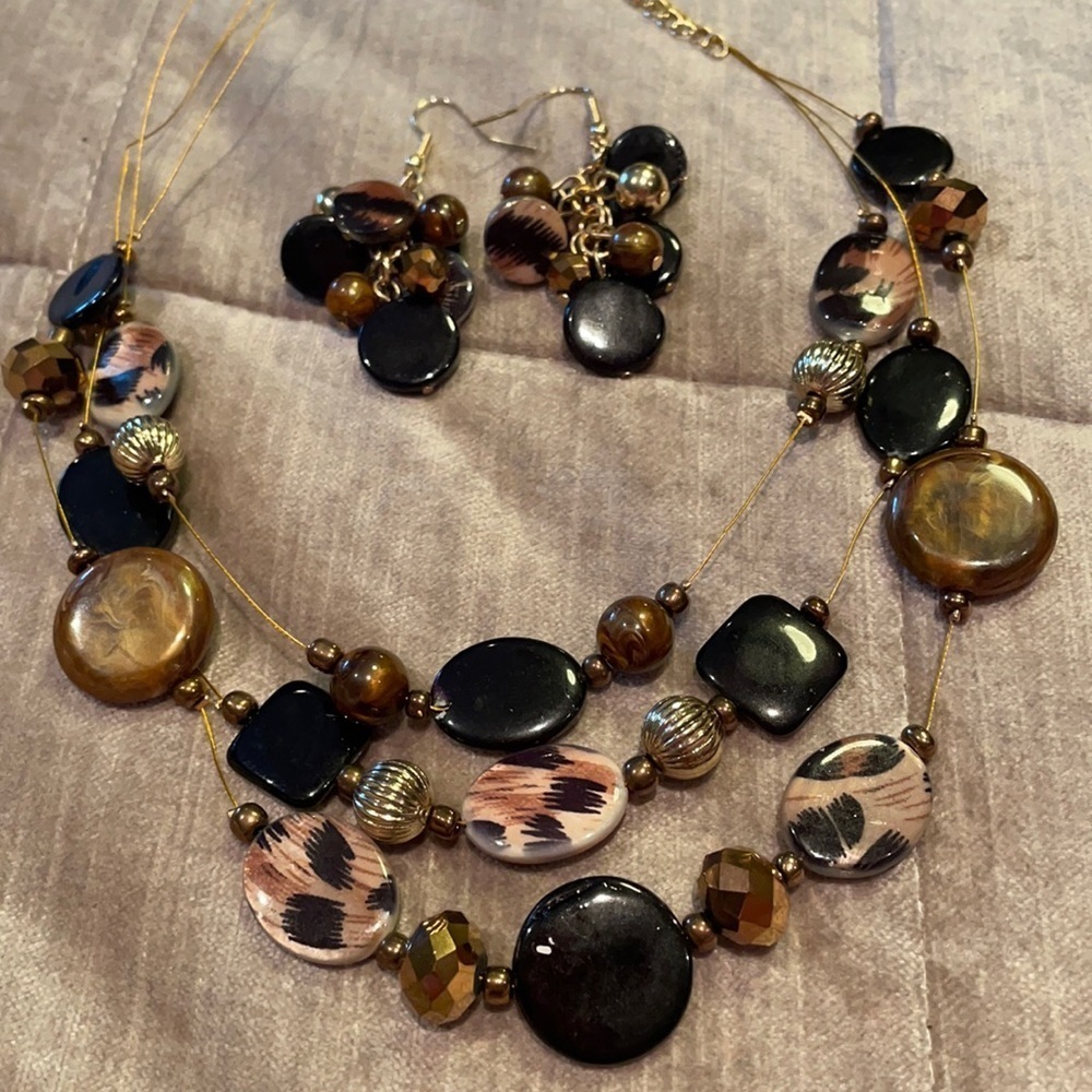 3 Strand Wire Beaded Safari Necklace & Earrings Set